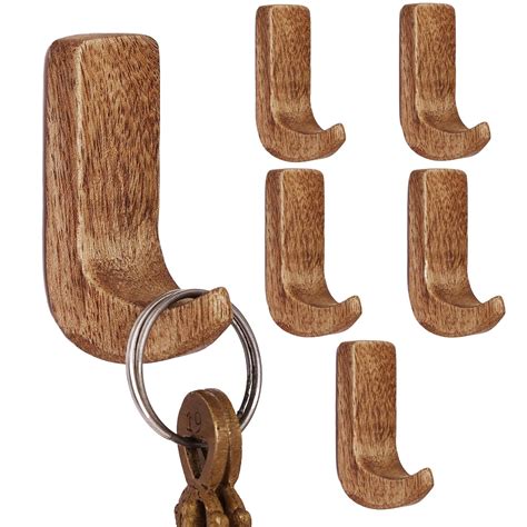 Indian-Shelf 6 Pack No Damage Wood Wall Hooks - Small Adhesive Boho Key ...