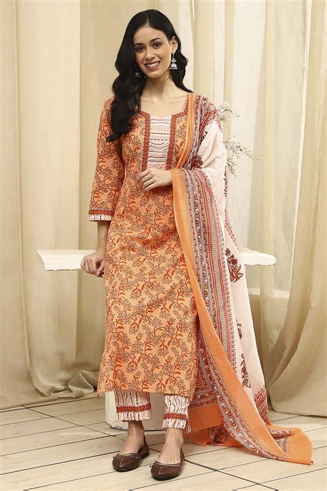 Buy Peach-Colored Cotton Screen Print Unstitched Suit Set Online at ...