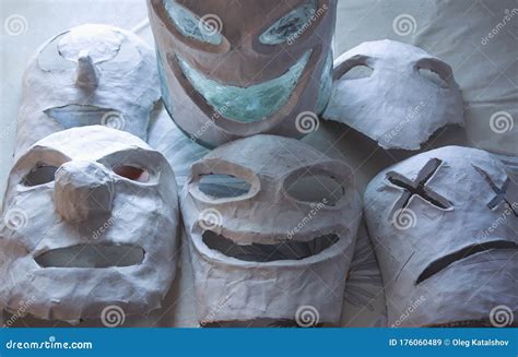 Creepy Papier Mache Masks Made With Your Own Hands. Royalty-Free Stock ...