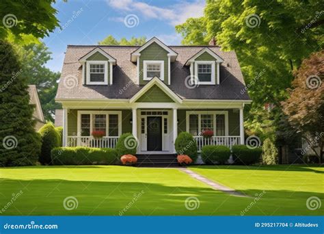 Dutch Colonial Home with Dormer Windows Behind a Lush Green Lawn Stock ...