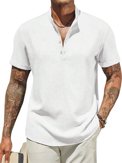 COOFANDY Men's Casual Linen Henley Shirts Short Sleeve Band Collar ...