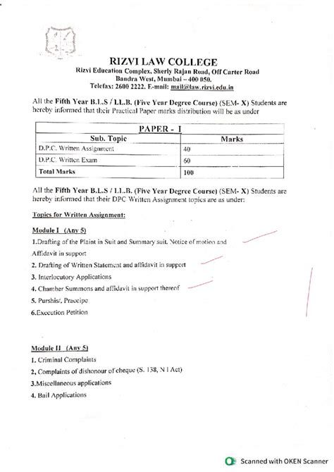 Fifth Year B.L.S. LL.B. Practical Paper Marks & Assignment Topics - Studocu