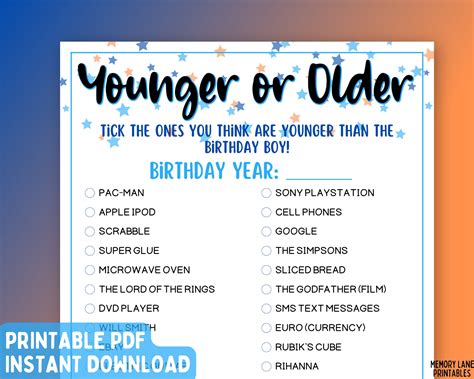 Younger or older birthday game birthday game for him adult birthday ...