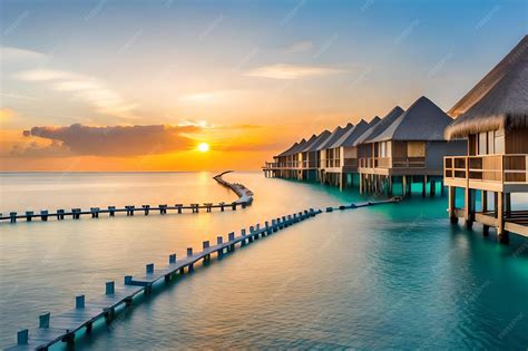 Premium Photo | A sunset over a beach resort with a pier and a sunset.