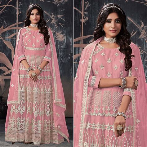 Pink Partywear Embroidery With Embellished Net Gown