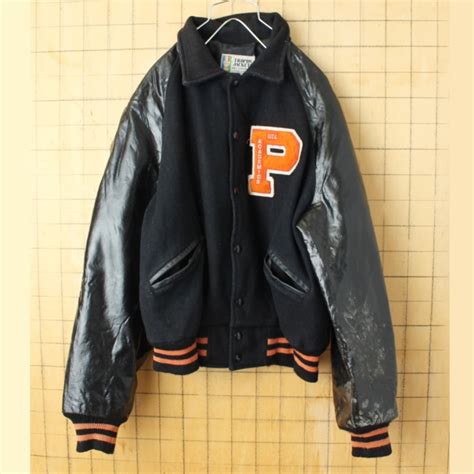 70s 80s USA製 TROPHY JACKETS ウール スタジアム ジャケット ブラック メンズL相当 スタジャン アメリカ古着 ...