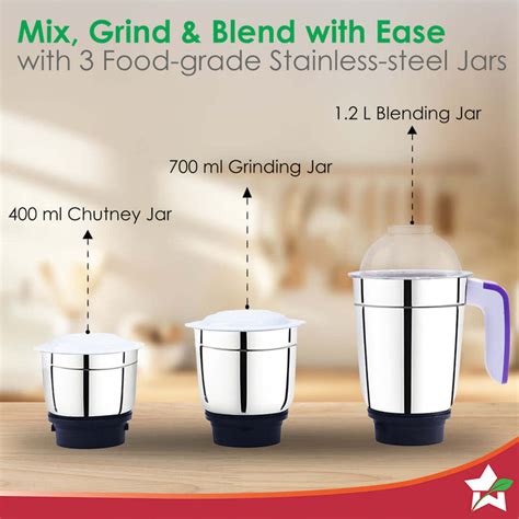Roma Mixer Grinder | 500W Motor | 3 Jars for Blending, Wet & Dry Grind ...
