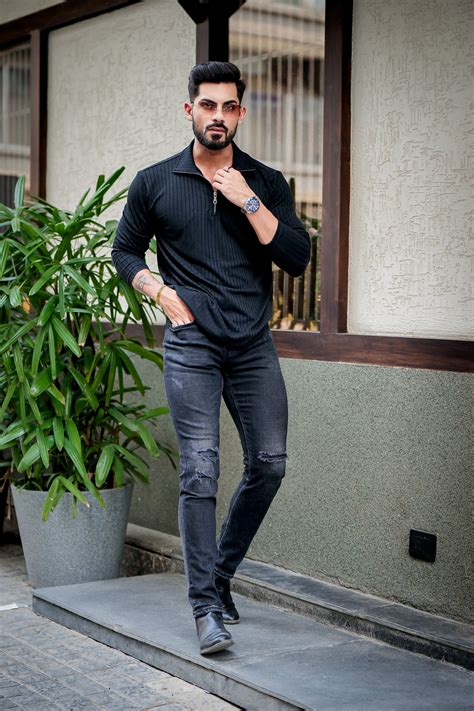 Gritstones Black Self Design Waffle Zipper T-Shirt