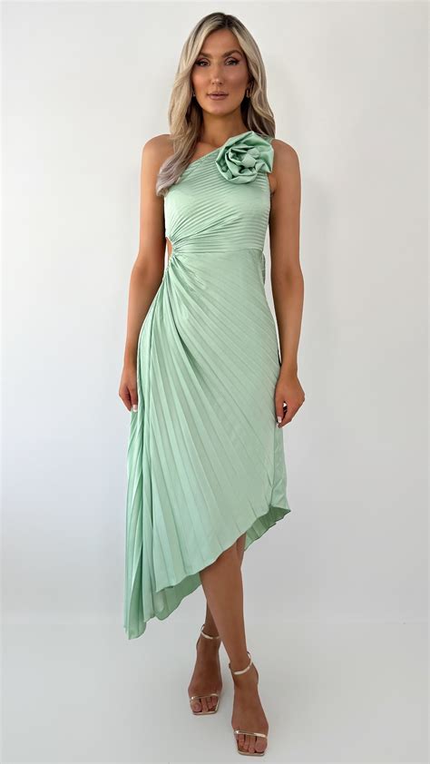 Zoe One Shoulder Pleated Midi Dress - Light Green – dresses.ie