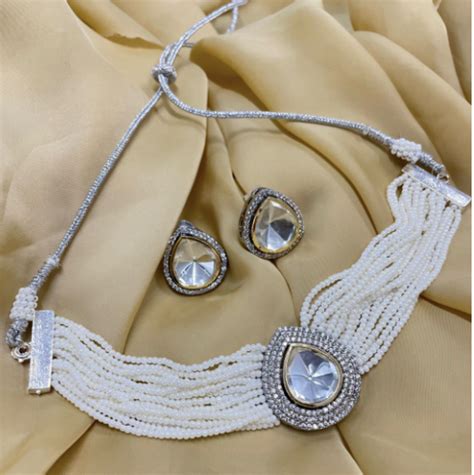 Classic White Stone Drop Silver Plated Choker set