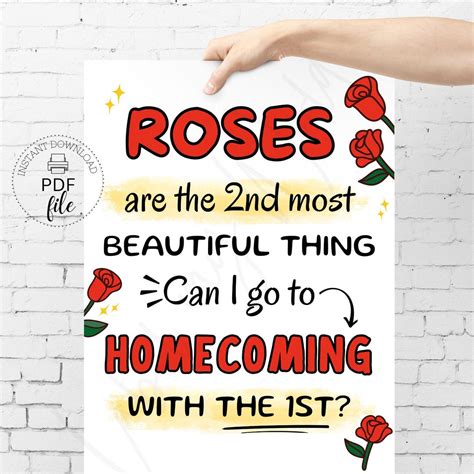 Printable Red Roses HOCO Proposal Sign, the 2nd Most Beautiful Thing ...