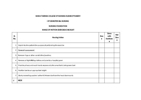 BSc Nursing I Sem: Range of Motion (ROM) Checklist - Studocu