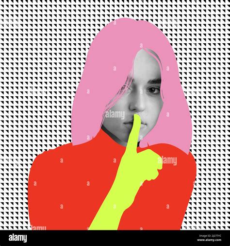 Contemporary art collage. Young beautiful woman with drawn elements of hair and cloth making ... - elements of hair