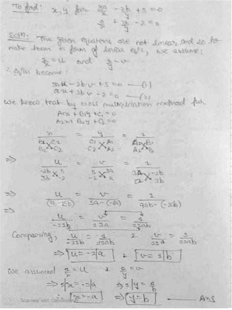 solve for x and y3a/x - 2b/y + 5 = 0a/x + 3b/y - 2 = 0 - Brainly.in