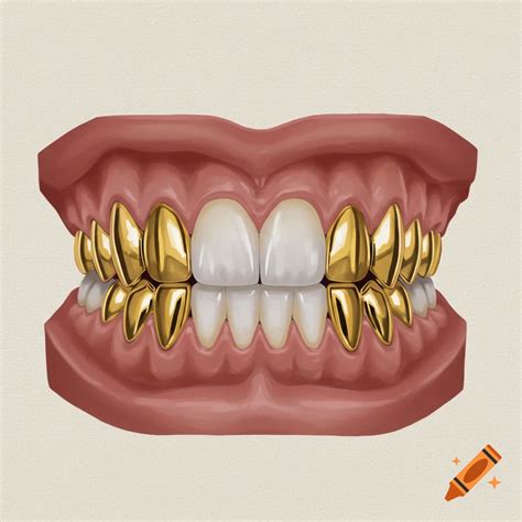Grillz on canine teeth with gold fangs on Craiyon