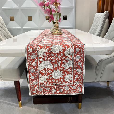 Hand Block Printed Cotton Table Runner, Royal Poinciana Red Floral - Etsy