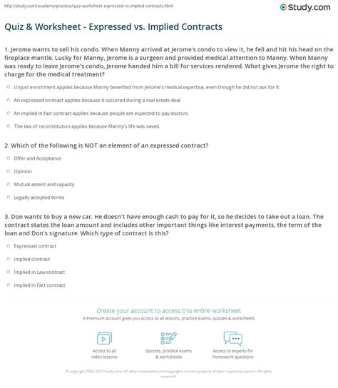 Quiz & Worksheet - Expressed vs. Implied Contracts | Study.com