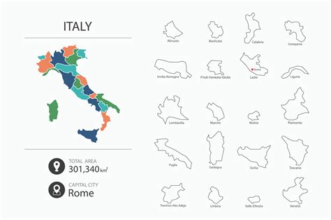 Map of Italy with detailed country map. Map elements of cities, total areas and capital ...