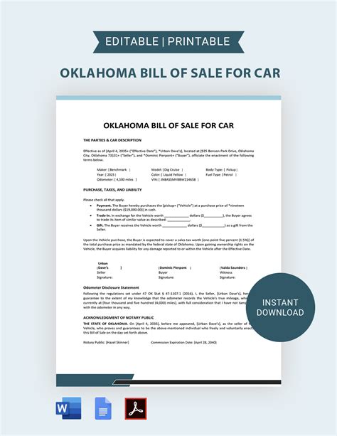 Oklahoma Used Car Bill of Sale Template - Google Docs, Word, PDF ...