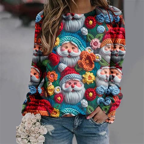 jjayotai Christmas Tops for Women, Plus Size 3D Santa Print Long Sleeve ...