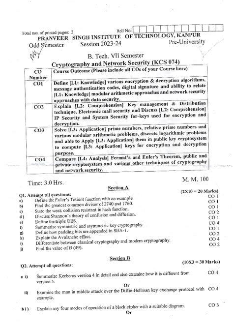 Cryptography and Network Security (KCS 074) Exam Paper 2024 - Studocu