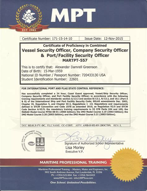 Port Facility Security Officer Certificate | PDF