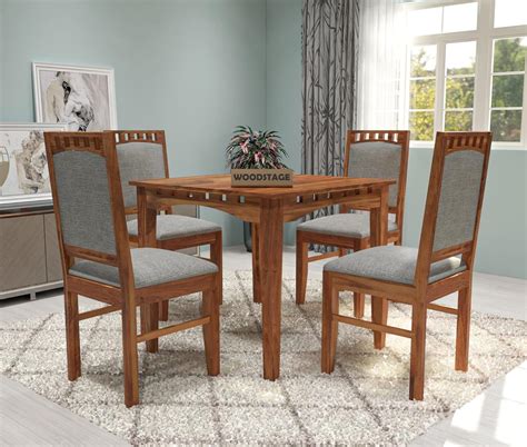 WOODSTAGE Solid Sheesham Wood 4 Seater Dining Table Set with 4 ...
