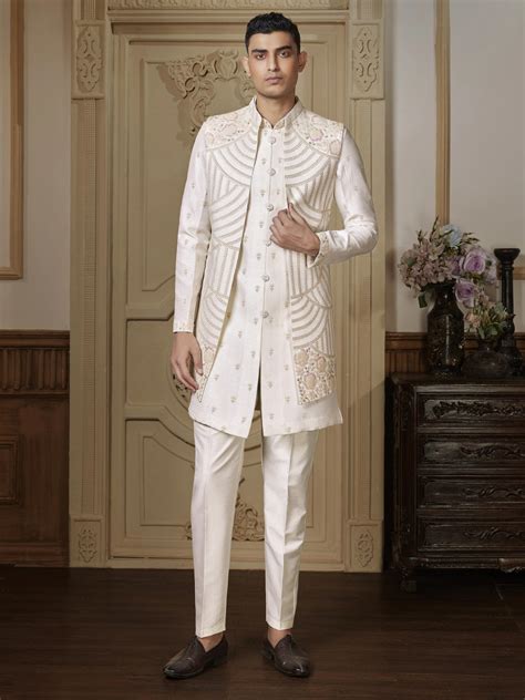 Minimal Ivory ThreadWork Based Three Piece Indo Western Set – Suvidha ...