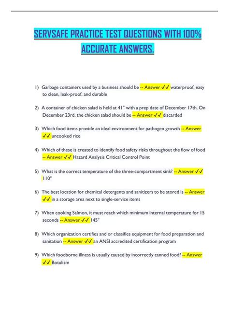 SERVSAFE PRACTICE TEST QUESTIONS WITH 100% ACCURATE ANSWERS - ServSafe ...