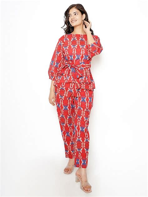 Red Printed Cotton Co-ord Set- Set of 2