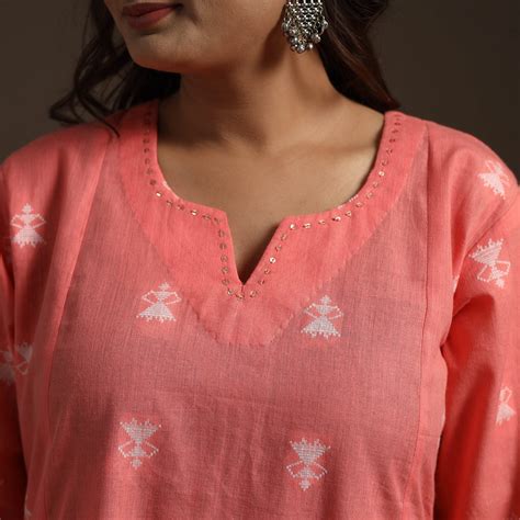 Pink A-Line Cotton Hand Embroidered Jacquard Long Kurta for women