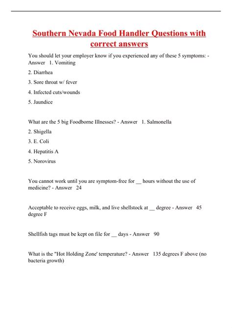 Southern Nevada Food Handler Questions with correct answers - Southern ...
