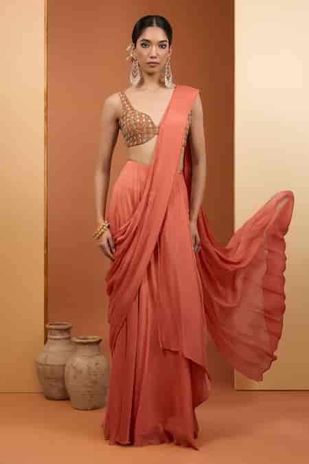 Buy Orange Viscose, Chiffon Sequins, Beads, Panel Pre-draped Saree With ...