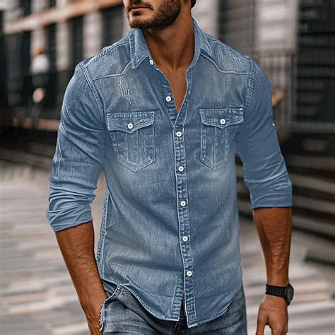 Men's Shirt Chambray Shirt Calico Shirt Button Up Shirt Casual Shirt ...