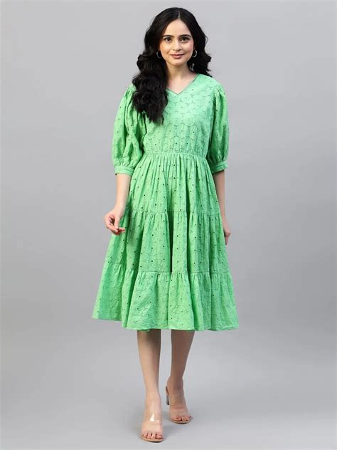 Mint Green Schiffli Midi Dress - V-Neck & Balloon Sleeves – Hencemade
