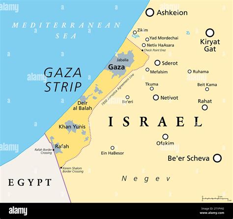 The Gaza Strip and surroundings, political map. Gaza, self-governing Palestinian territory ...