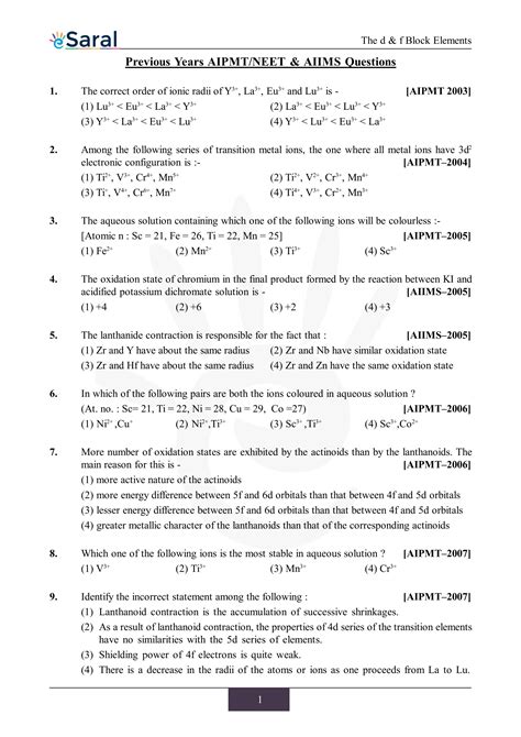 d & f-Block - NEET Previous Year Questions with Complete Solutions