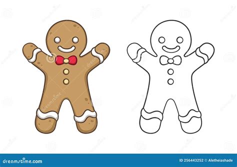 Cute Gingerbread Man With A Bow Tie Outline And Colored Doodle Cartoon ...