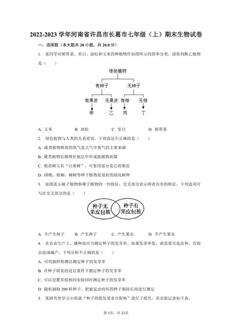 2022-2023学年河南省许昌市长葛市七年级（上）期末生物试卷（含解析）-21世纪教育网
