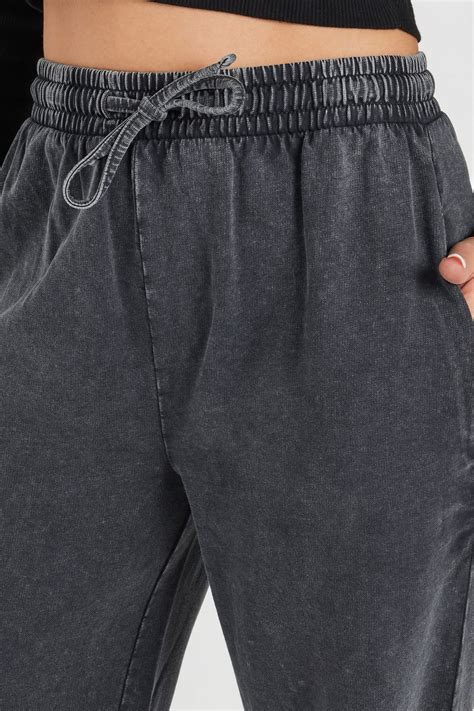 PixieGirl Petite Women's Dark Grey Acid Wash Wide Leg Joggers | PixieGirl