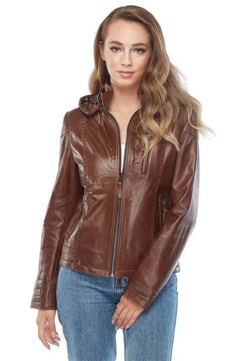 Audrey Women's 100 % Real Brown Leather Hooded Jacket