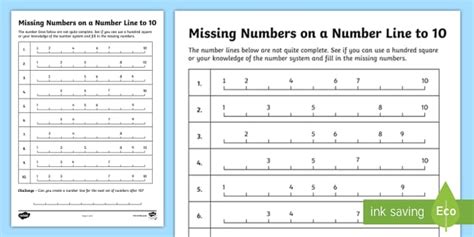 Filling In the Missing Numbers on a Number Line to 10 Worksheet