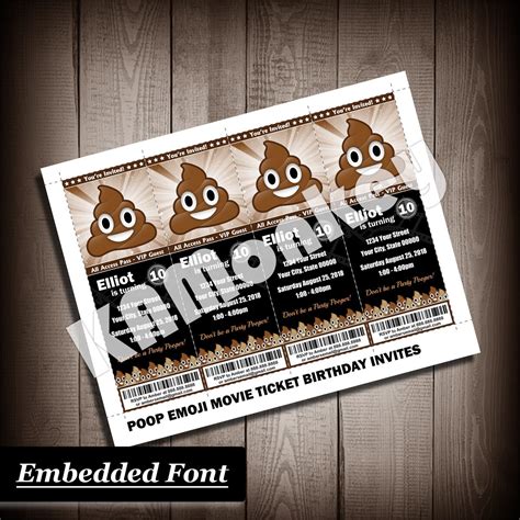 Poop Emoji Movie Ticket Style Invitations, Birthday Party, DIY Fillable ...