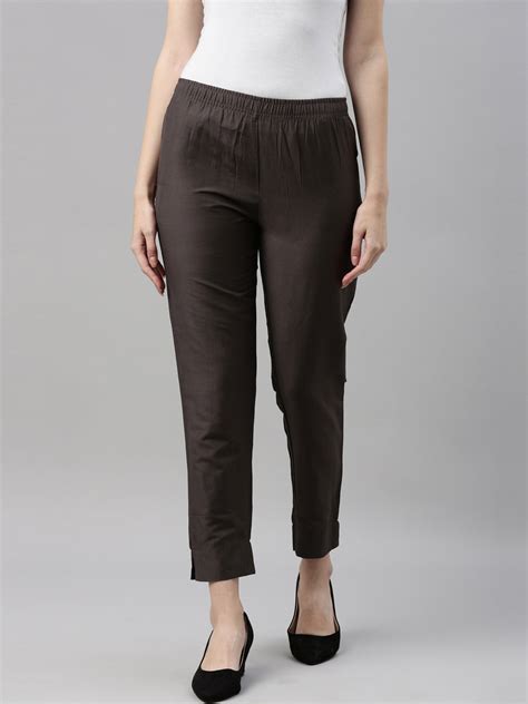 Women Silver Grey Solid Mid Rise Metallic Pants