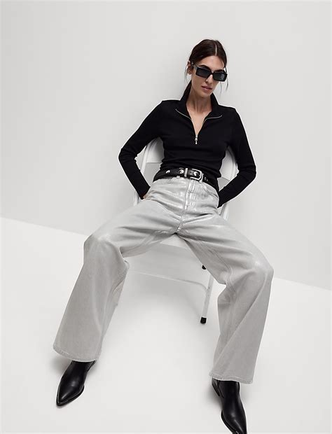 Buy Cotton Rich Ribbed Half Zip Top at Marks & Spencer