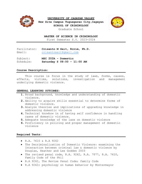 Domestic Violence Course Outline - UNIVERSITY OF CAGAYAN VALLEY New ...