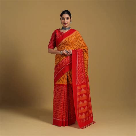 Orange Telia Rumal Handloom Cotton Pochampally Double Ikat Saree