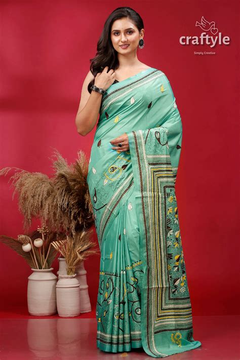 Persian Green Ethnic Silk Kantha Saree – Craftyle