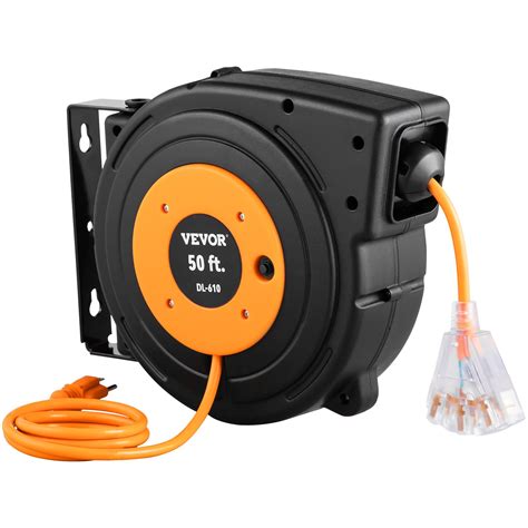 VEVOR Retractable Extension Reel, 50 FT Heavy Duty 14AWG/3C SJTOW Power ...