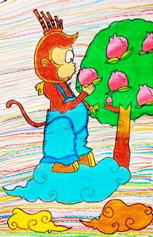 少儿书画作品-《猴子摘桃》/儿童书画作品《猴子摘桃》欣赏_中国少儿